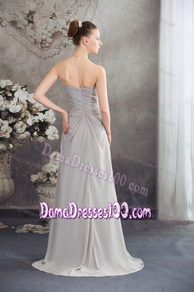 Beading Ruched Grey Dama Dress for Sweet 15 with Sweep Train
