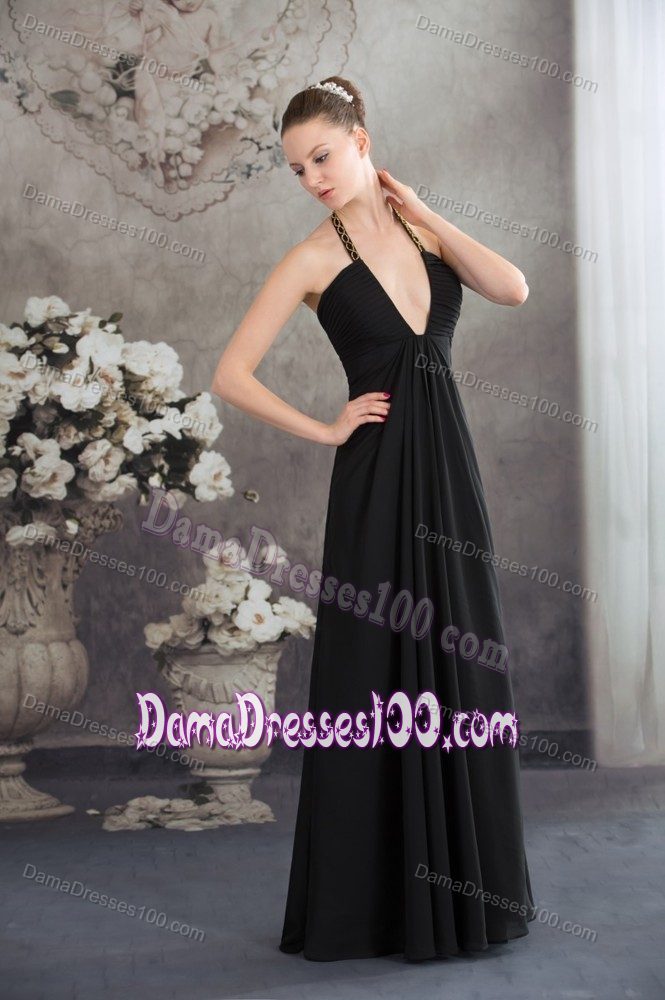 Halter Black Cocktail Dresses For Dama with Plunging Neckline
