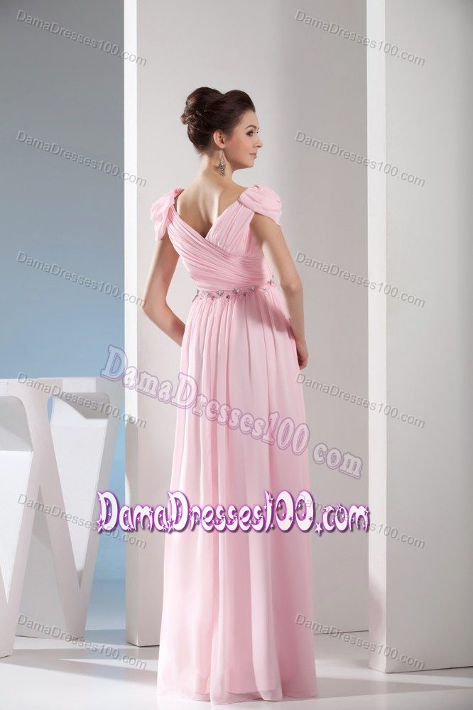 Empire Light Pink V-neck Beading and Ruching Party Dama Dress
