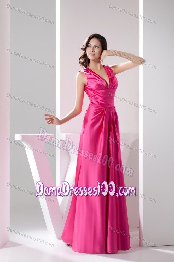 Ruching Deep V-neck Formal Dresses For Dama in Hot Pink