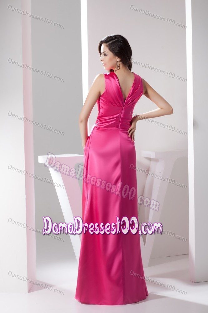 Ruching Deep V-neck Formal Dresses For Dama in Hot Pink