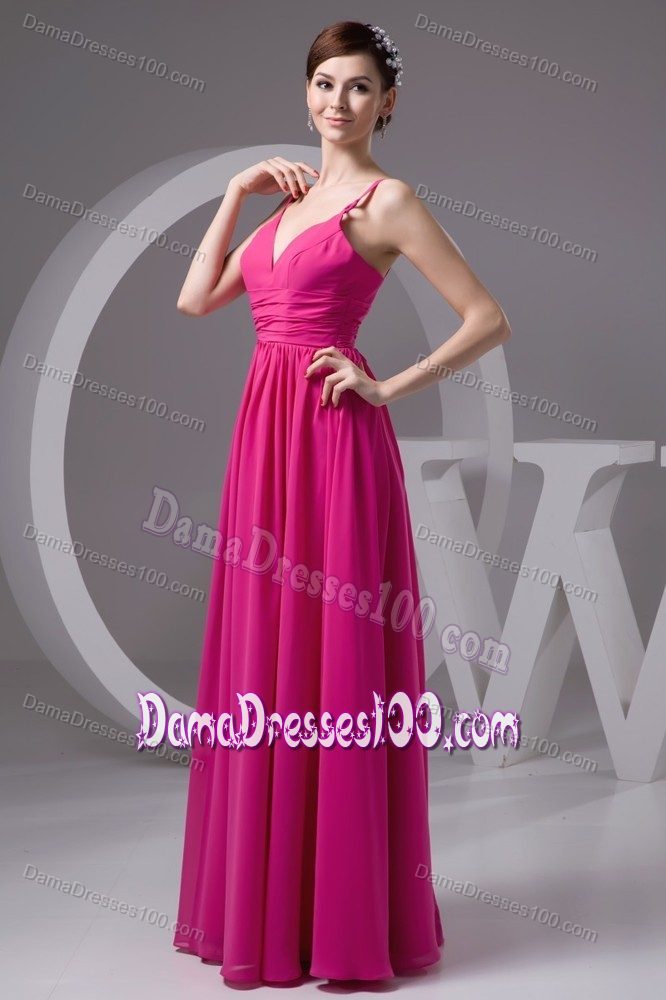 Ruched V-neck Fuchsia Floor-length Prom Dresses For Dama