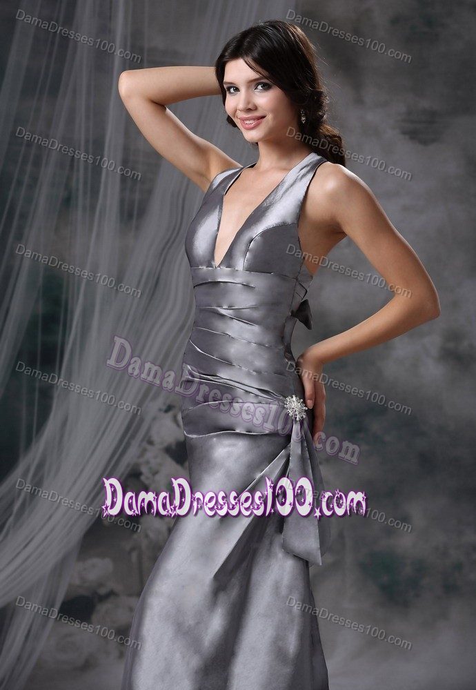 Plunging V-neck Grey Floor-length Formal Dresses For Dama