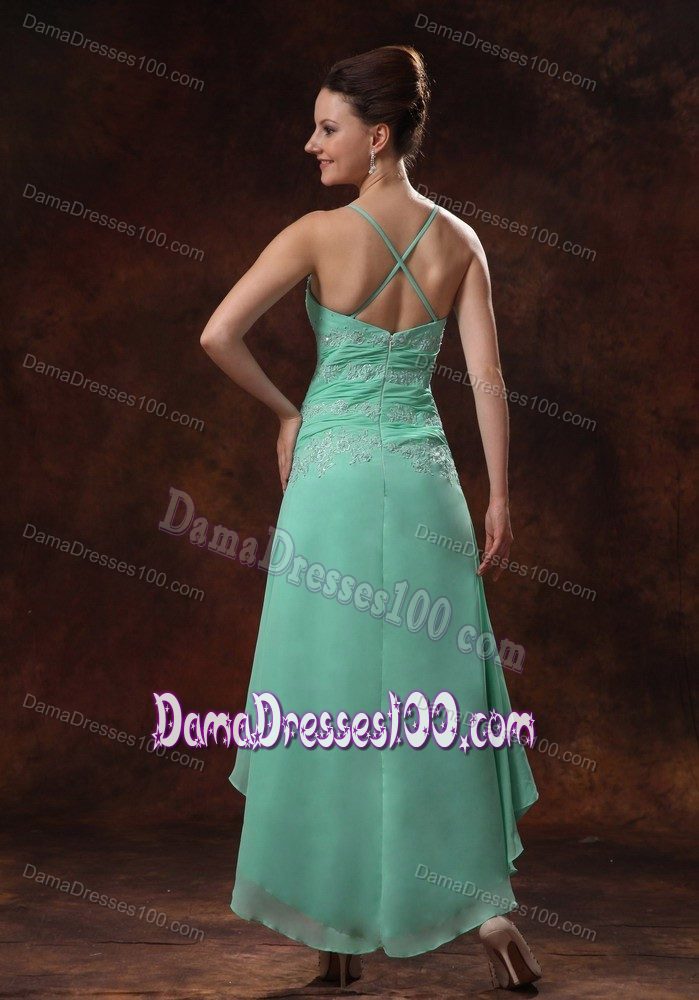 High-low Spaghetti Straps Appliques and Ruching Dama Dress in Apple Green
