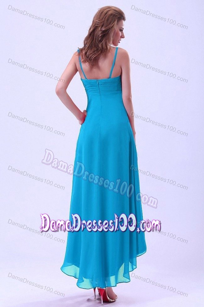 Asymmetrical Ruffled Dama Dress Spaghetti Straps in Turquoise