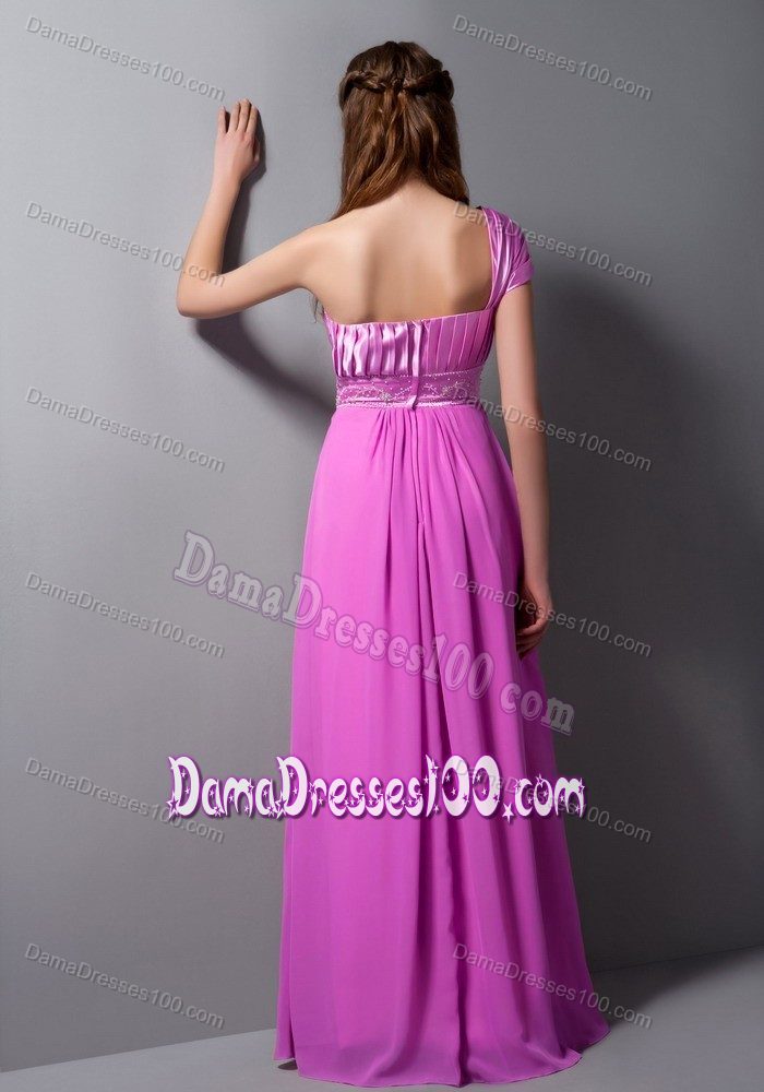 One Shoulder Cap Sleeve Floor-length Party Dama Dresses in Fuchsia