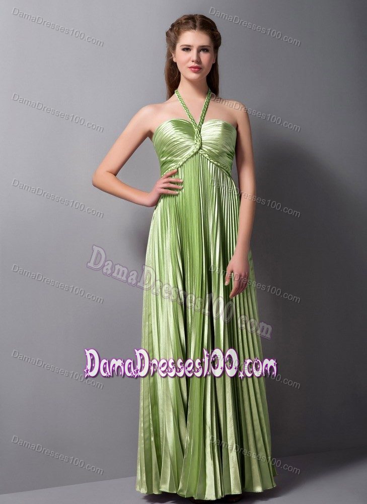 Pleated Empire Halter Quince Dama Dresses in Olive Green