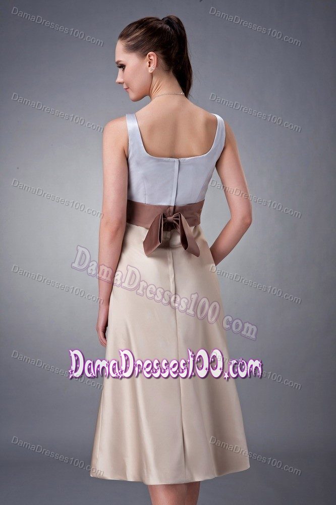 Column Scoop Champagne Belt Tea-length Quince Dama Dresses