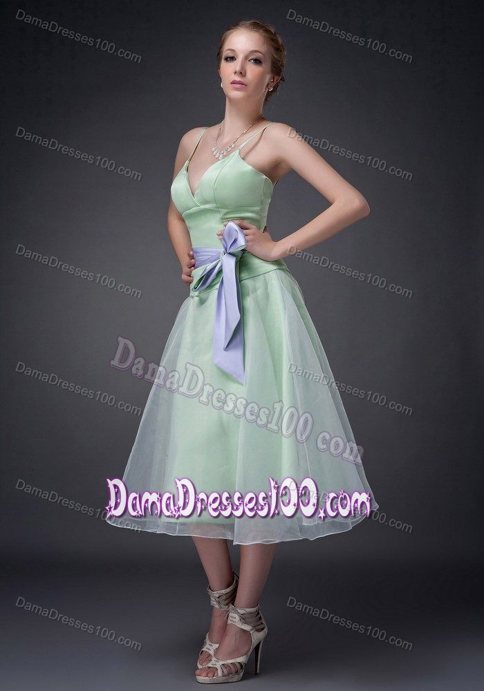 Straps Apple Green Tea-length Dresses For Damas with Bowknot
