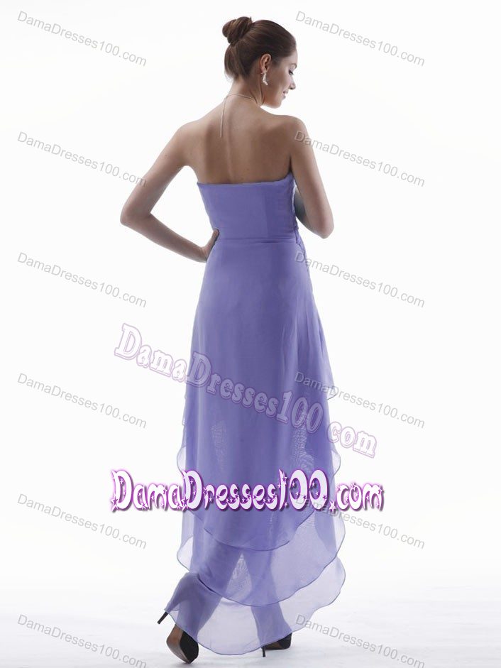 Lavender High-low Dama Dress For Quinceaneras with Slot V-neck