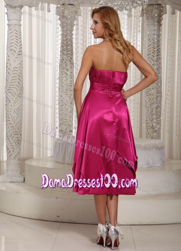 Hot Pink Ruched Strapless Tea-length Dama Quinceanera Dresses