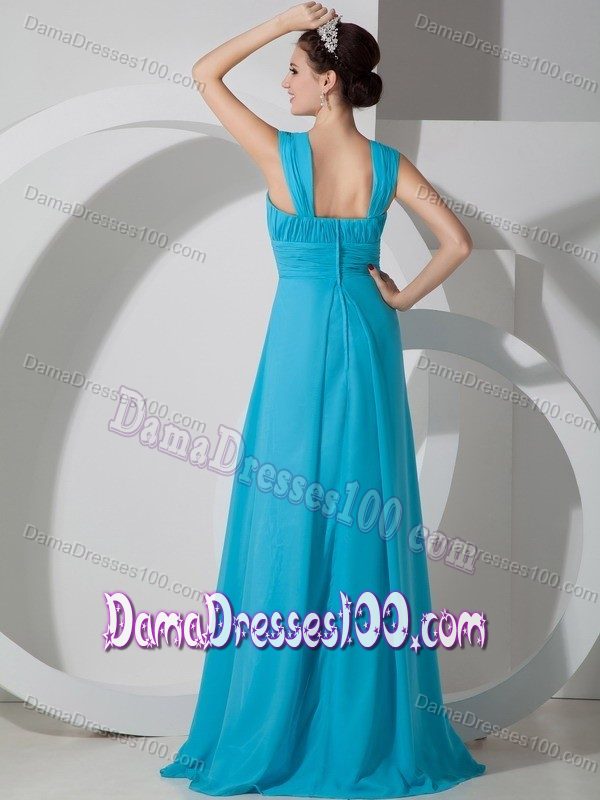 Square Ruched Dama Dress in Turquoise Floor length Brush Train