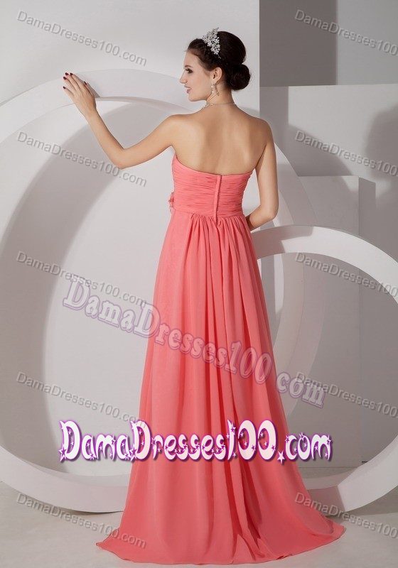 Empire Sweetheart Ruched Coral Red Dama Dress Brush Train