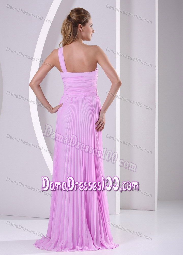 Pleated Pink One Shoulder Quinceanera Dama Dresses Brush Train