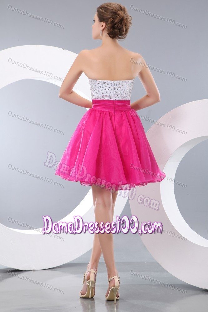 Princess Strapless Beading Short Prom Dresses For Dama Hot Pink