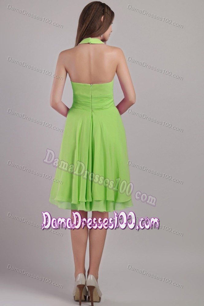 Spring Green Halter Top Knee-length Bridesmaid Dama Dresses