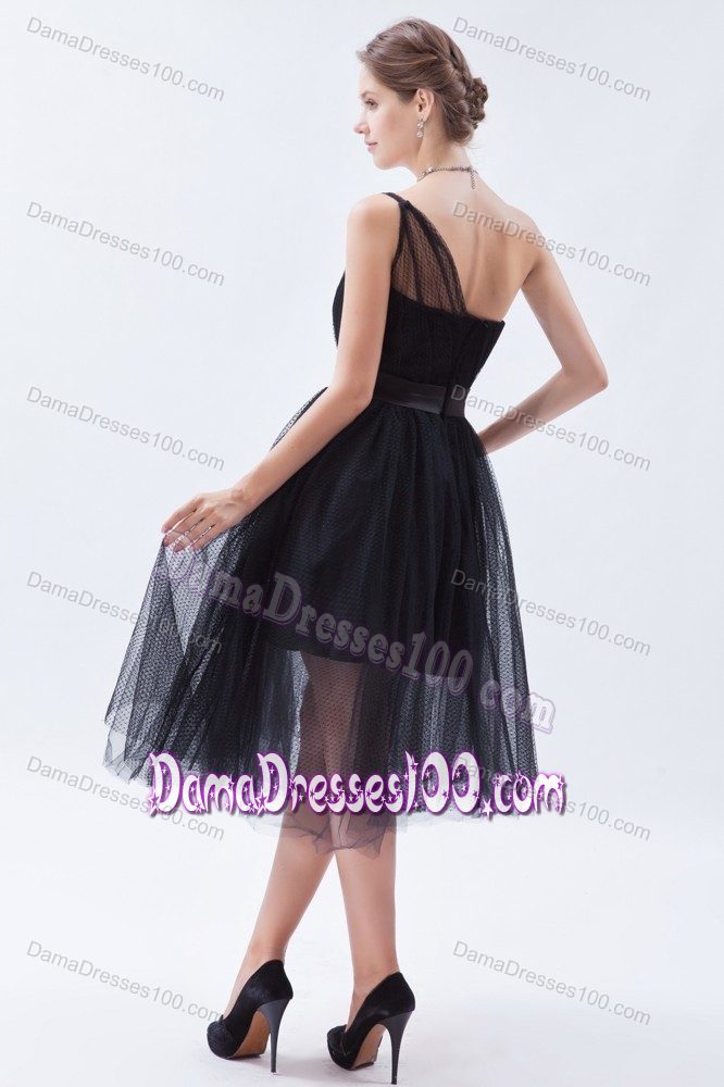 Tulle One Shoulder Tea-length Black Dama Dresses for Quinceanera