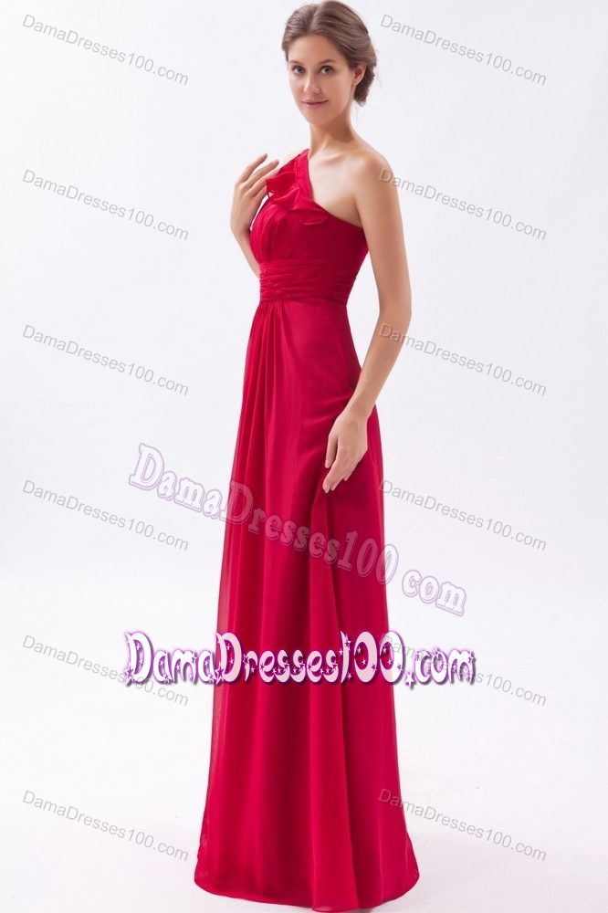 Ruffled One Shoulder Floor-length Wine Red Chiffon Dama Gowns