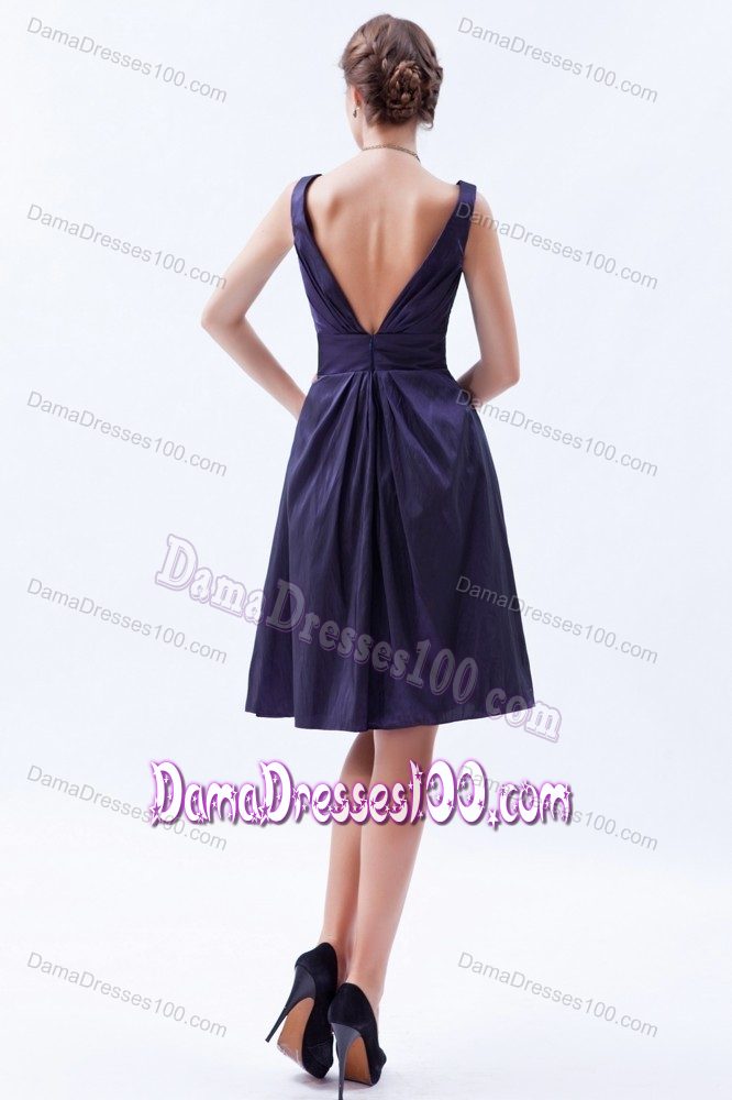 Sexy Back V-neck Dark Purple Taffeta Knee-length Dama Dresses
