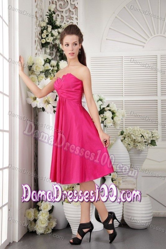 Asymmetrical Neck Strapless Hot Pink Taffeta Short Dama Dresses