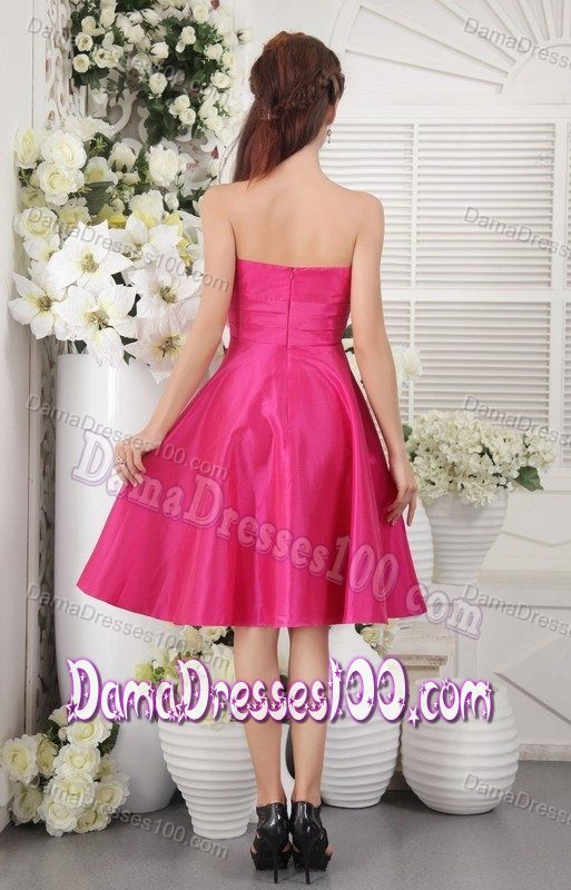 Asymmetrical Neck Strapless Hot Pink Taffeta Short Dama Dresses