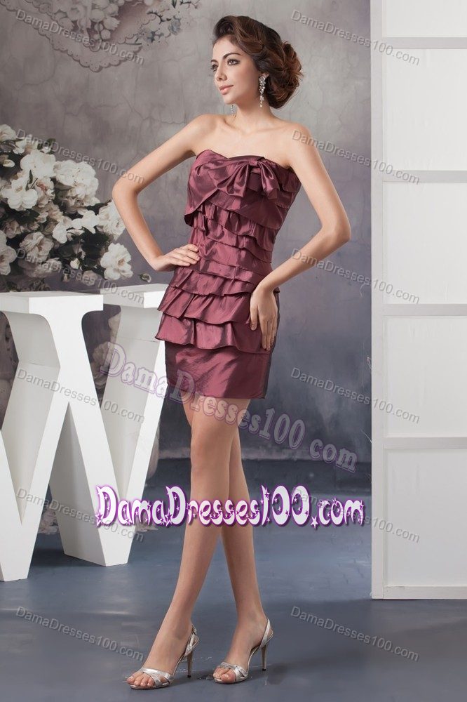 Layered Ruffles Sweetheart Burgundy Mini-length Dress for Dama