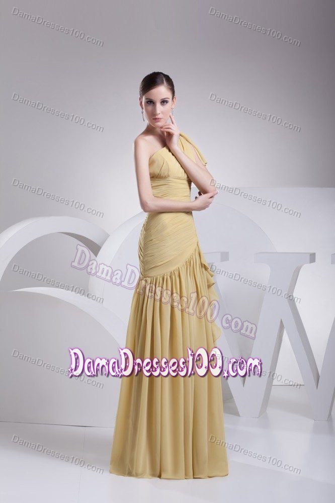 One Shoulder Ruched Yellow Zipper Up Dama Quinceanera Dress