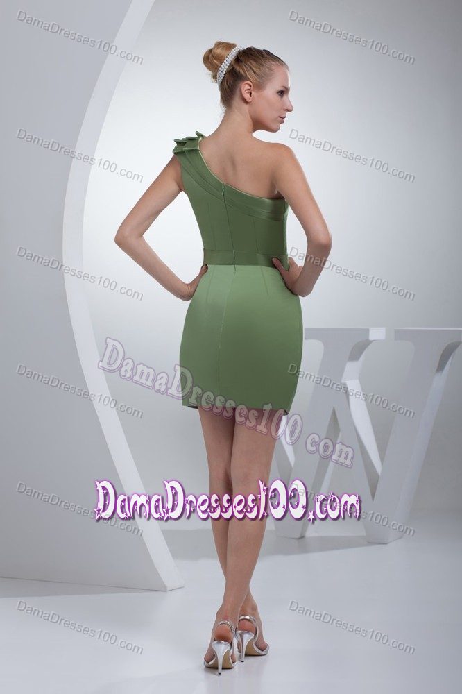 Layers One Shoulder Olive Green Satin Mini-length Dama Dresses