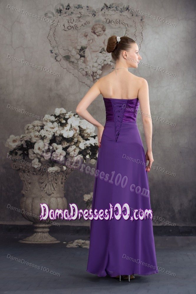 Purple Beaded Sweetheart Ruching Lace Up Quince Dama Dresses