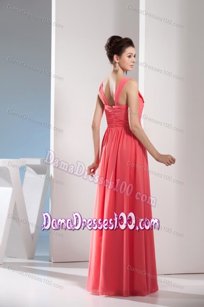Straps Ruched Watermelon Floor-length Chiffon Dama Dress for Party