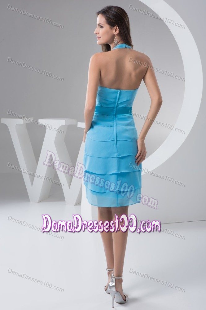 Layers Halter Top Bowknot Aqua Blue Dama Dress with Asymmetrical Hem
