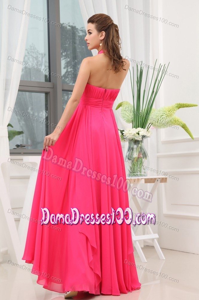 Hot Pink Backless Halter Beading Ruched Floor Length Dama Gown