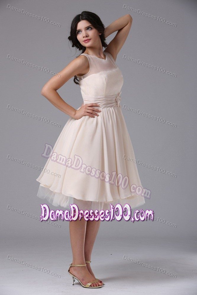 Bateau Neck Hand Made Flowers Champagne Tulle Dama Dresses