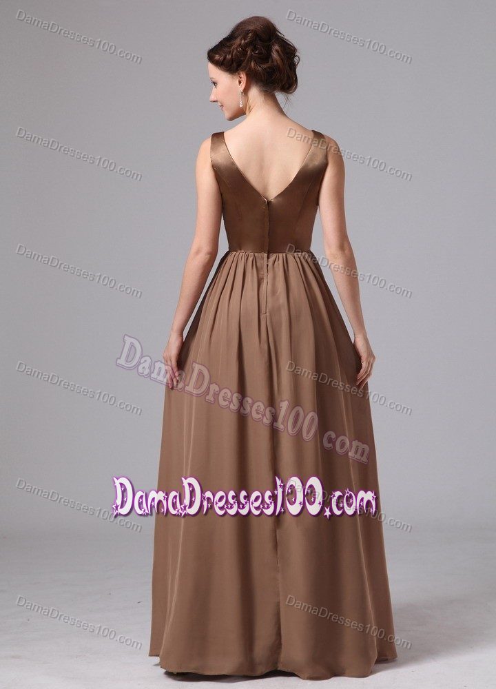 Satin and Chiffon V-neck Brown Full Length Bridesmaid Dama Dress