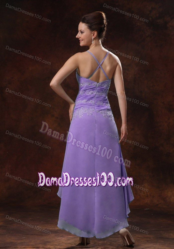 Purple Straps Appliques Ruched High Low Chiffon Dress for Damas