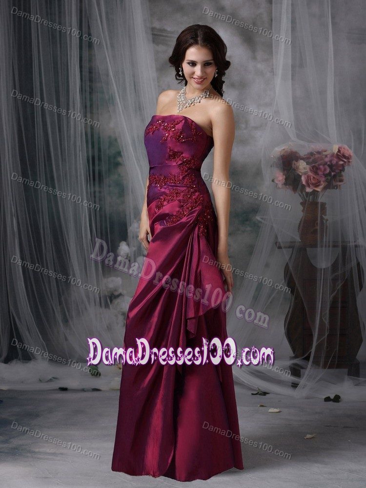Appliques Strapless Ruched Burgundy Long Formal Dama Gowns