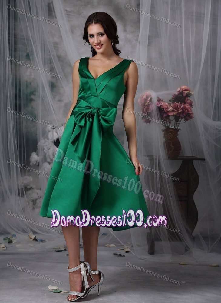 Knee-length V-neck Bowknot Dark Green Taffeta Prom Dama Dress