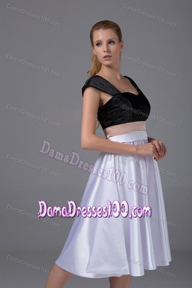 Cap Sleeves Satin Knee-length White and Black Quince Dama Gown