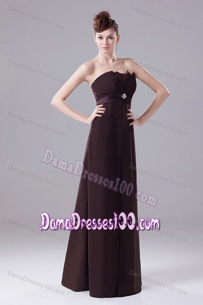 Strapless Pleated Beading Floor-length Brown Chiffon Dama Dress