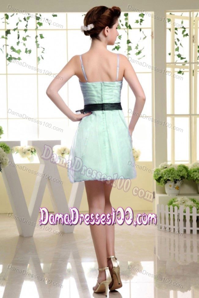 Mini-length Ruched Straps Black Sash Apple Green Dresses for Dama