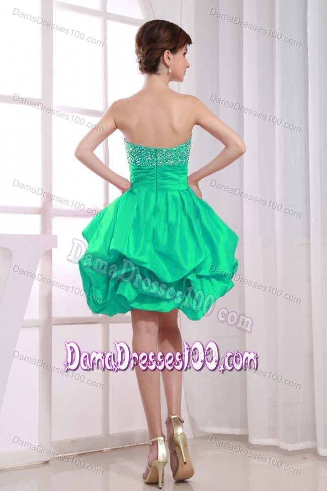 Pick-ups Strapless Beading Ruched Puffy Green Taffeta Dama Gown