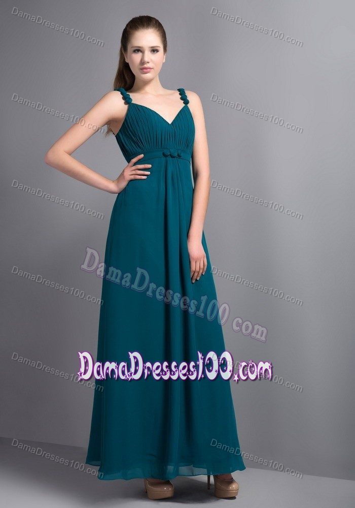 Affordable Straps V-neck Turquoise Chiffon Quinceanera Dama Dress