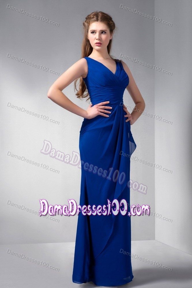 Full Length V-neck Royal Blue Layers Chiffon Bridesmaid Dama Dress