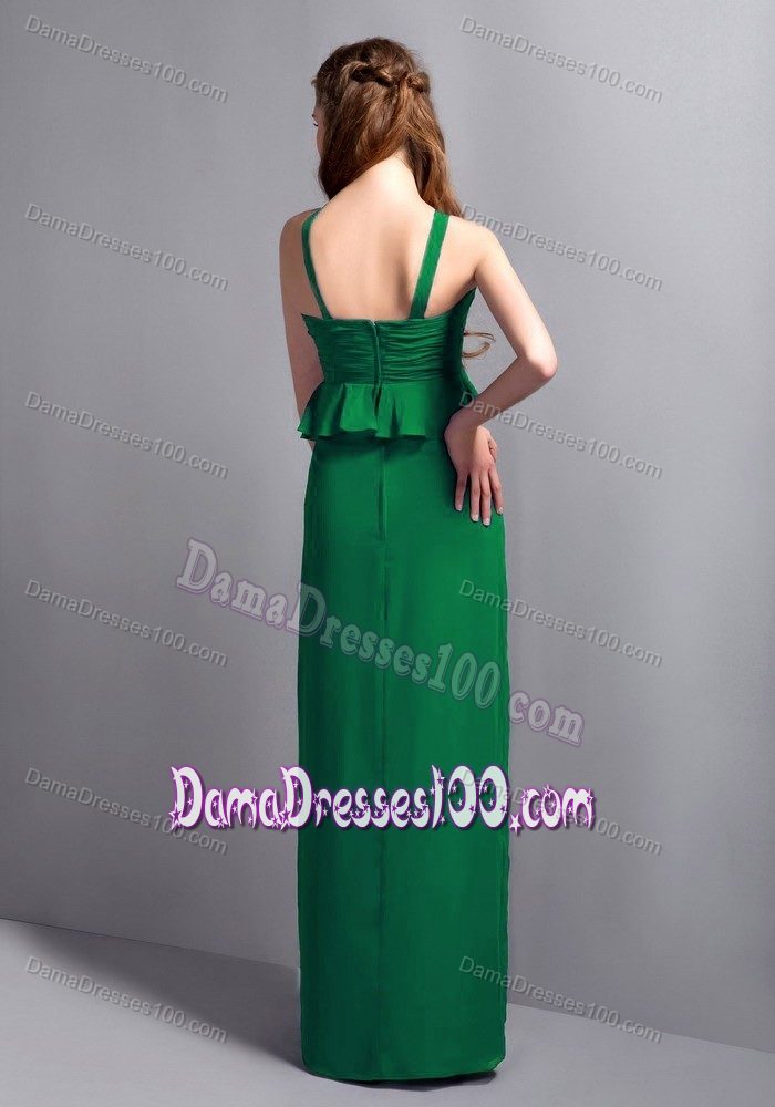 V-neck Ruffled Ruched Green Chiffon Floor-length 15 Dress for Dama