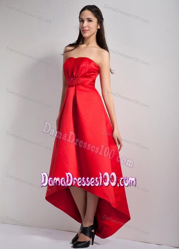 Satin High-low Strapless Appliques Red Cool Back Dama Dresses