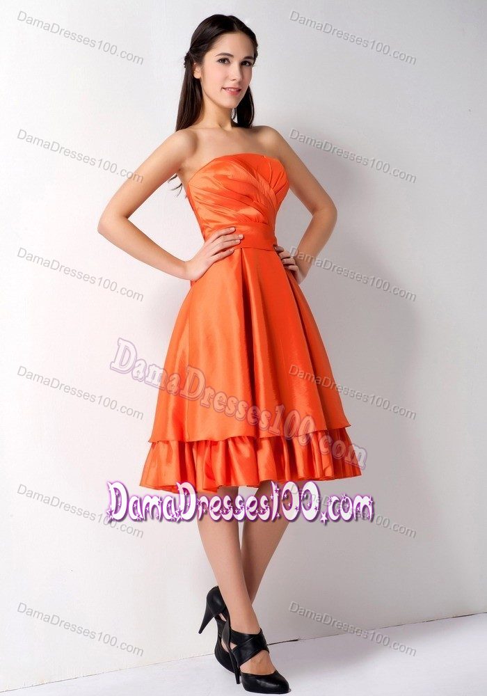 Bowknot Strapless Ruched Orange Taffeta Layers Dress for Damas