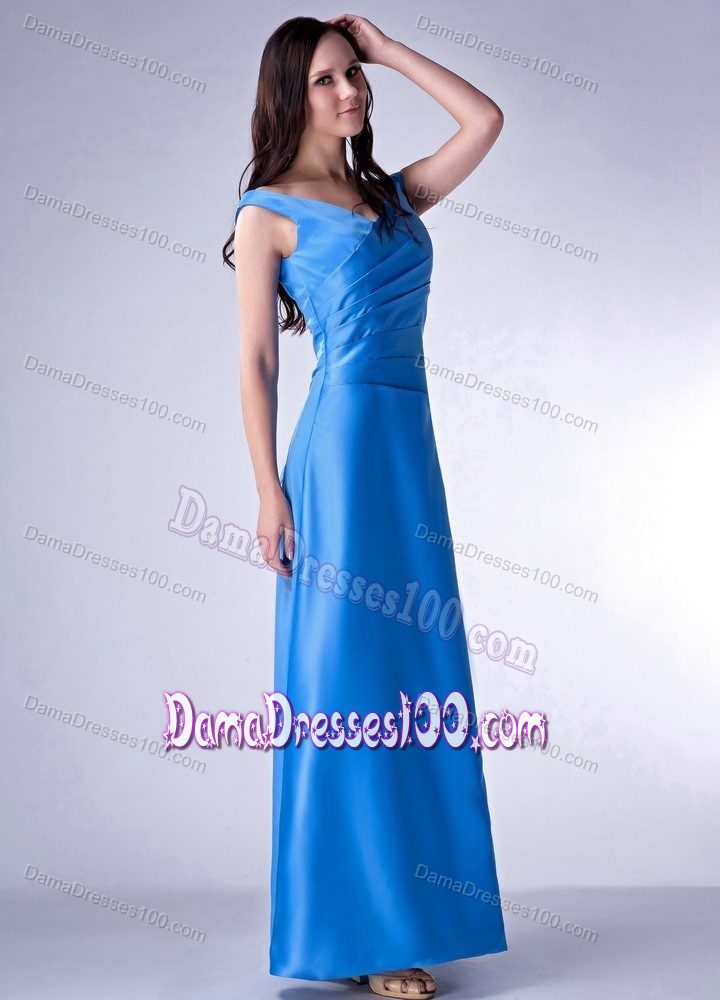 Taffeta V-neck Ruched Sky Blue Ankle-length Prom Dress for Dama