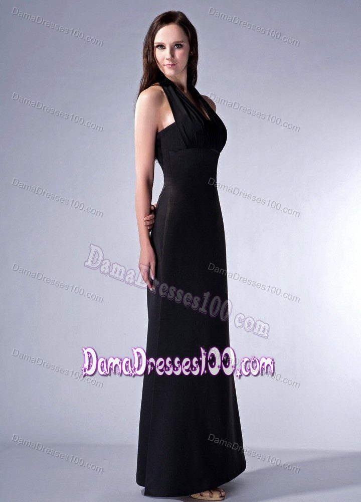 Cool Back Halter Top Ruched Satin Black Ankle-length Dama Dress