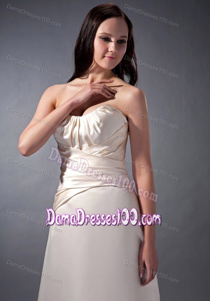 Strapless Off White Ruched Satin Ankle-length Quince Dama Gowns