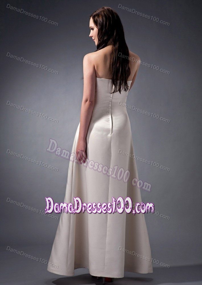 Strapless Off White Ruched Satin Ankle-length Quince Dama Gowns